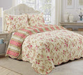 Vintage Floral Rose Chintz 3-Piece Khaki Pink Green Scalloped Cotton Reversable Queen Quilt Bedding Set B97894