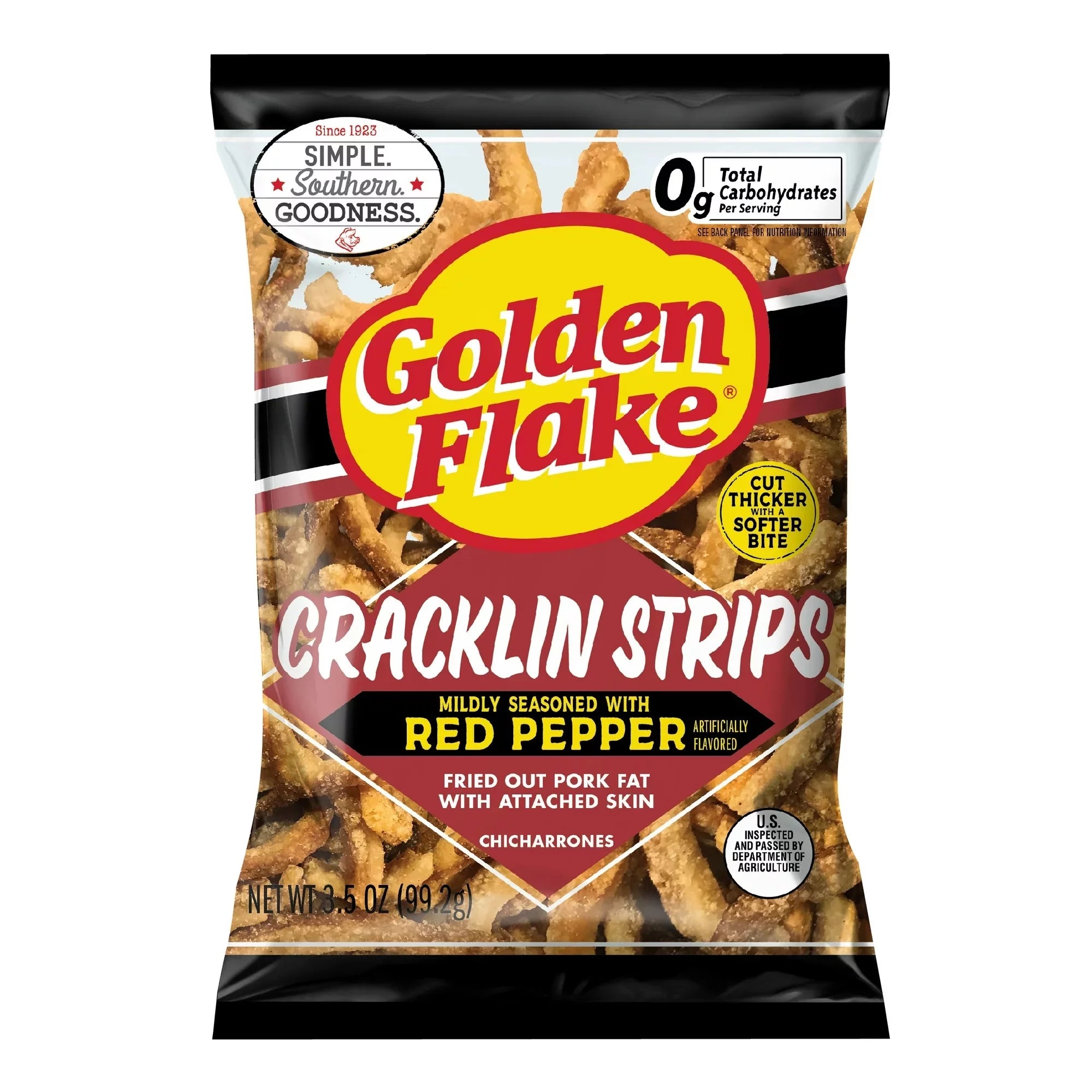 Mildly Seasoned Fried Pork Cracklin Strips with Red Pepper, 3.5 oz. Bags (6 Bags) J6605