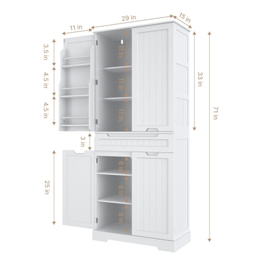 White Tall Kitchen Pantry Storage Cabinet with Doors and Shelves X9766