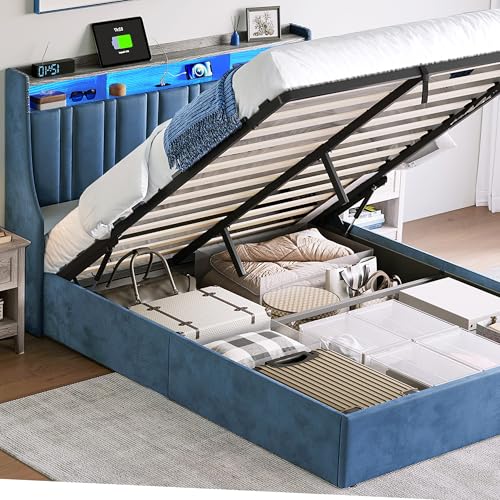 Dark Grey Queen Size Upholstered Storage Bed Frame with LED Lights S741263