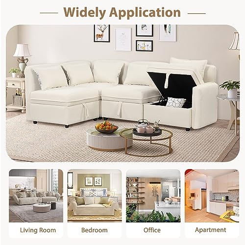 Cream Chenille Fabric Modular Sectional Sofa with Storage and 5 Pillows U2514