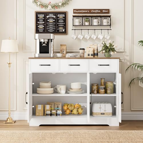 White Wood Sideboard Buffet Cabinet with Drawers and Shelves E7790