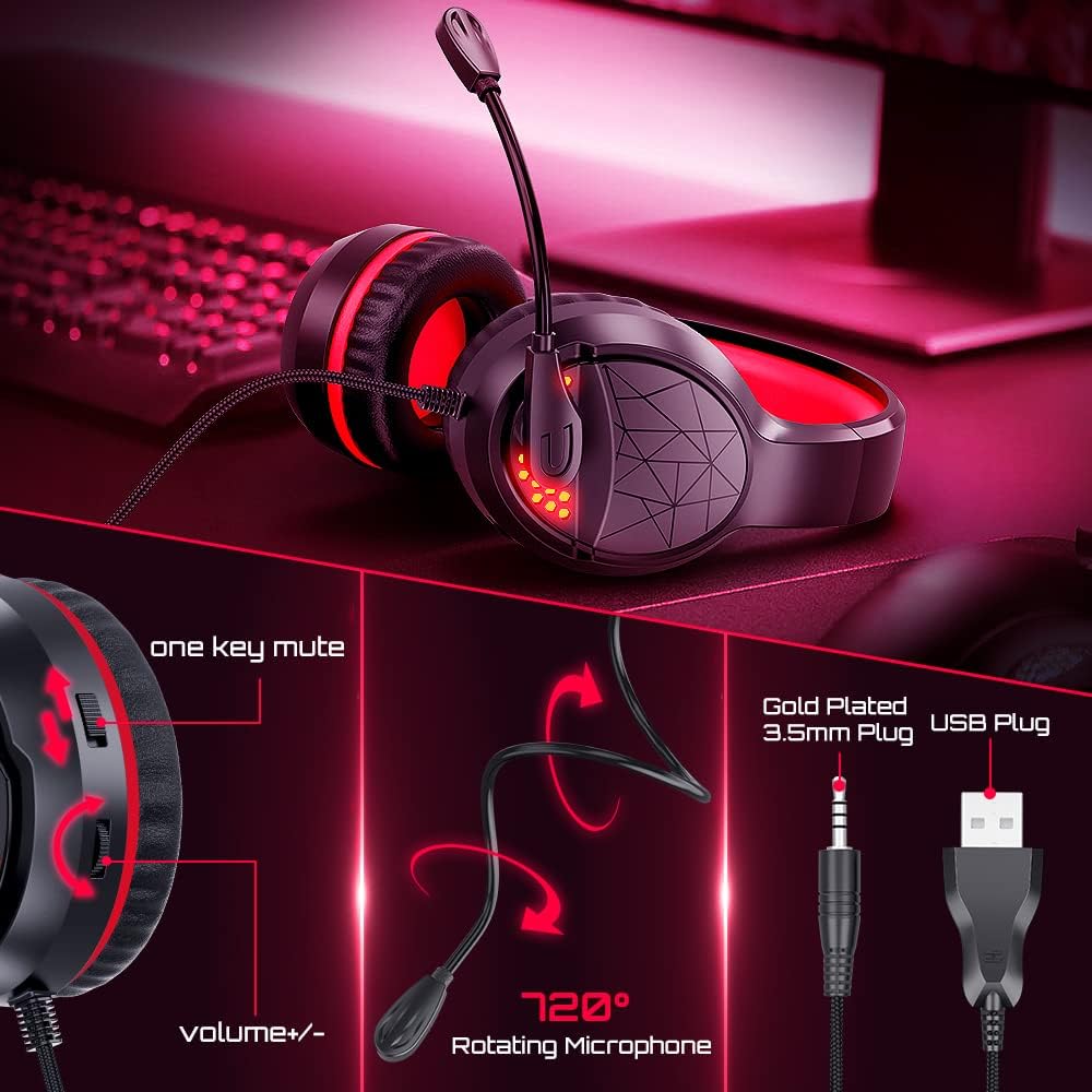 Gaming Headset Over Ear Headphones with Mic Red LED Light E4954