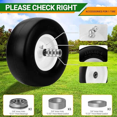 2 PCS 13x5.00-6 Flat Free Tire and Wheel with 3/4" Extra 5/8" Bearings P292298