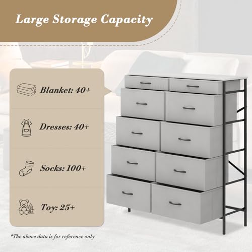 10 Drawer Fabric Dresser with Metal Frame and Wooden Top M24523