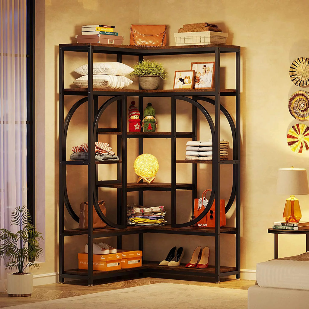 Rustic Brown & Black 7 Shelf Corner Bookshelf E2670