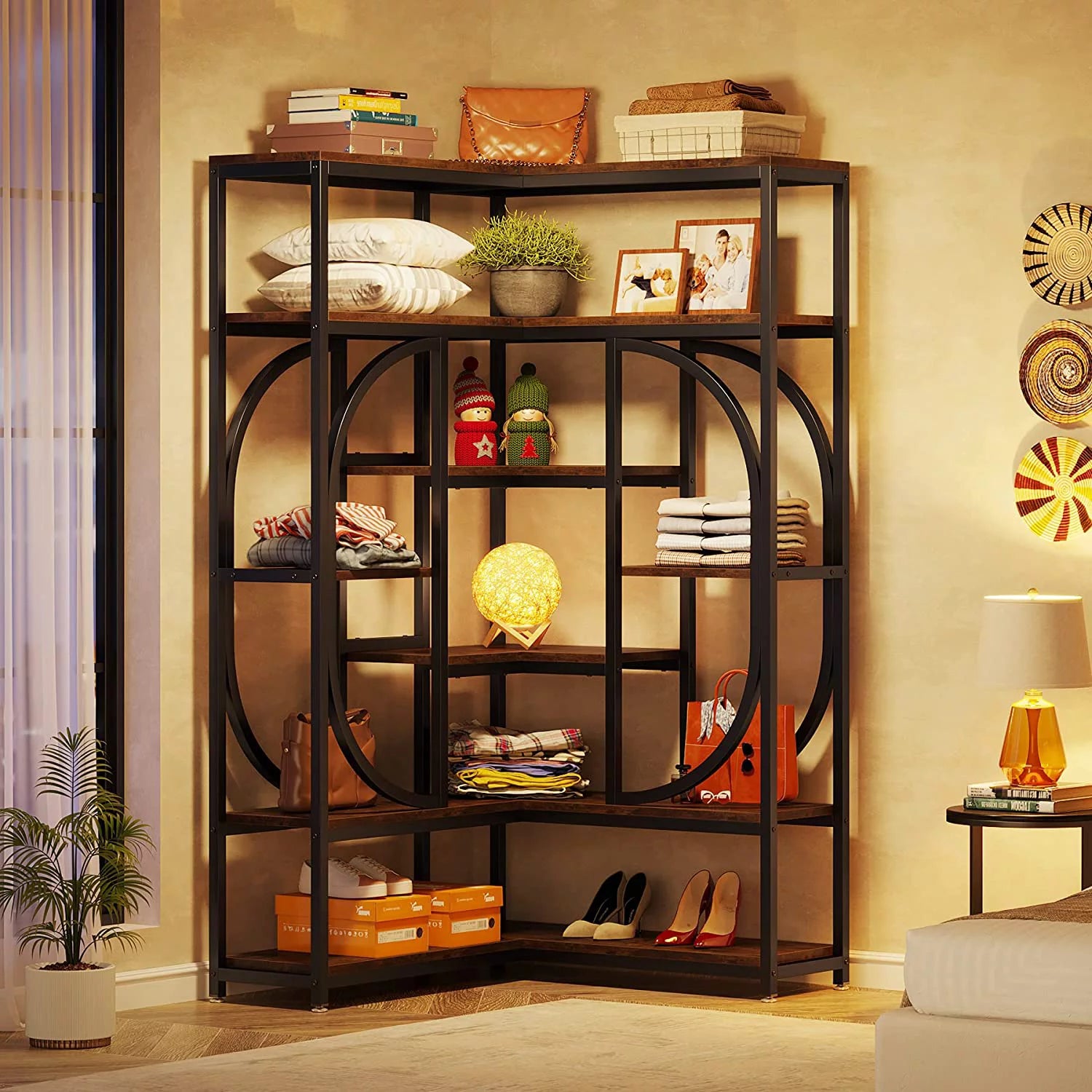 Rustic Brown & Black 7 Shelf Corner Bookshelf E2670