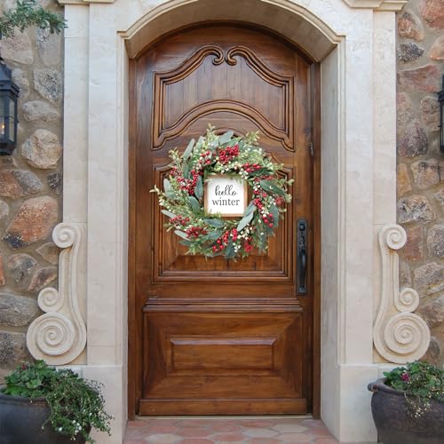 20’’ Red Berries Artificial Leaves Wreath with Hello Winter Sign J185788