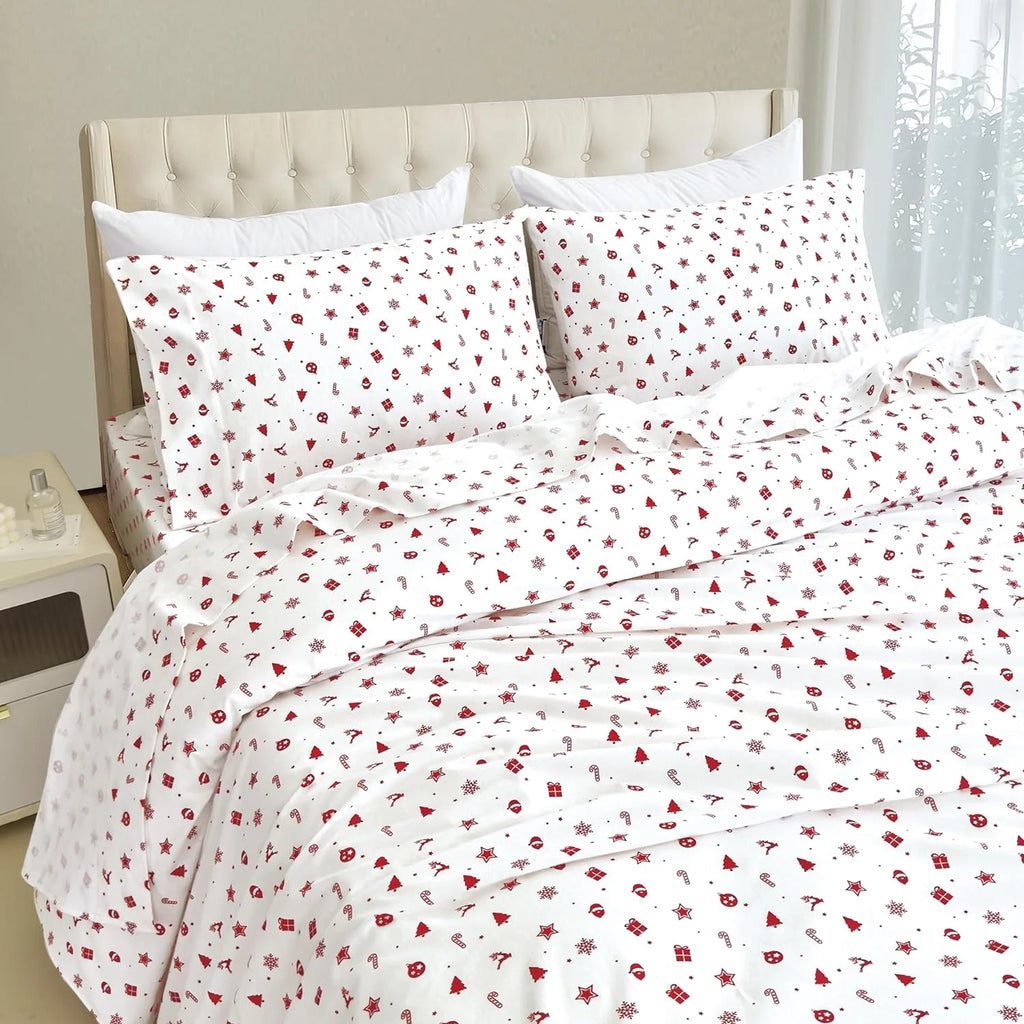 King Flannel Sheets - 4-Piece 100% Turkish Cotton, Red Stars, Deep Pocket Q766