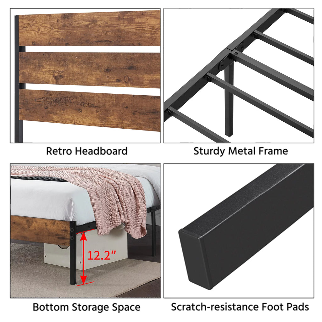 Brown Twin Bed Frame with Wooden Headboard and Metal Slats W915852