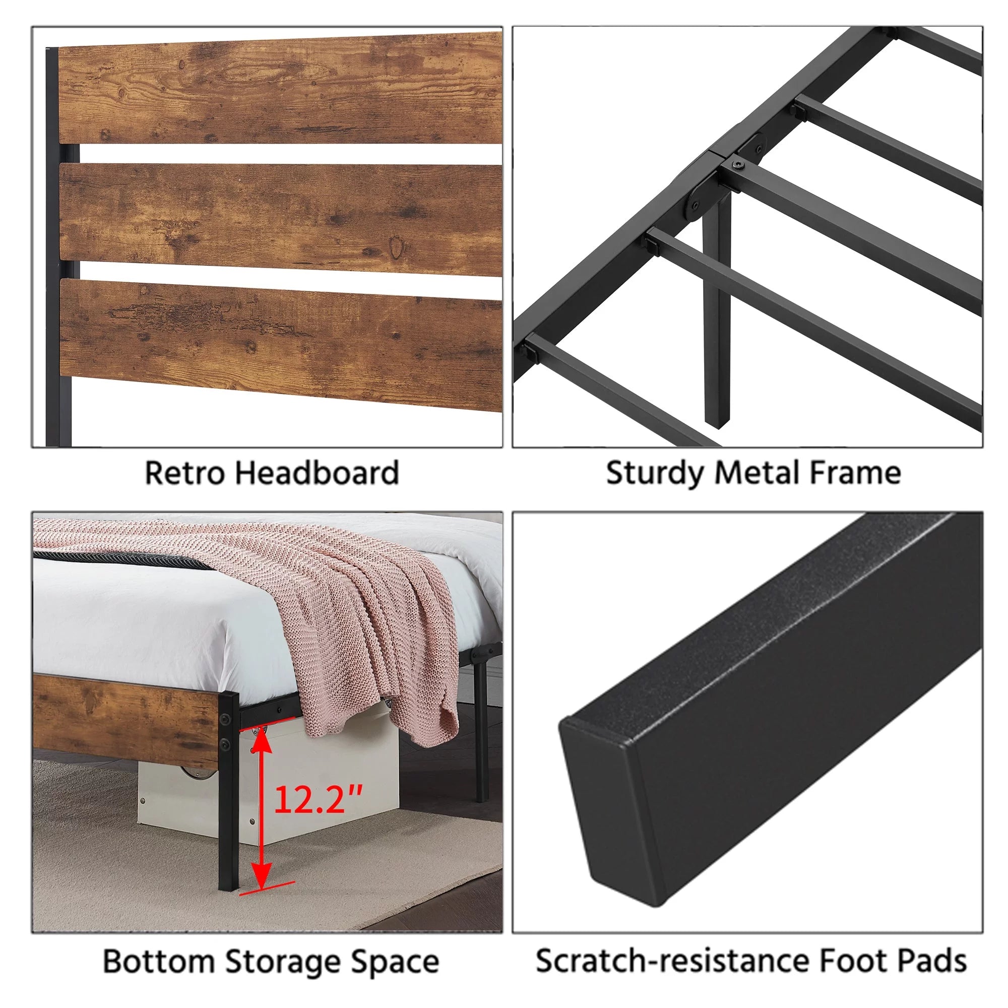 Brown Twin Bed Frame with Wooden Headboard and Metal Slats W915852