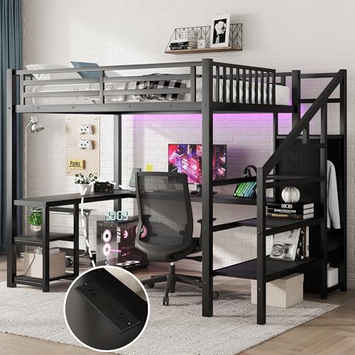Queen Size Metal Loft Bed with L-Shaped Desk and Stairs, Black A878