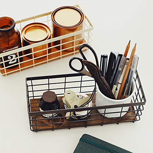 Black Metal Wire Storage Basket with Wooden Bottom (2 Pack) N817647