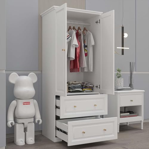 White 6-Door Large Armoire Wardrobe with 3 Drawers & 2 Hanging Rod F8729