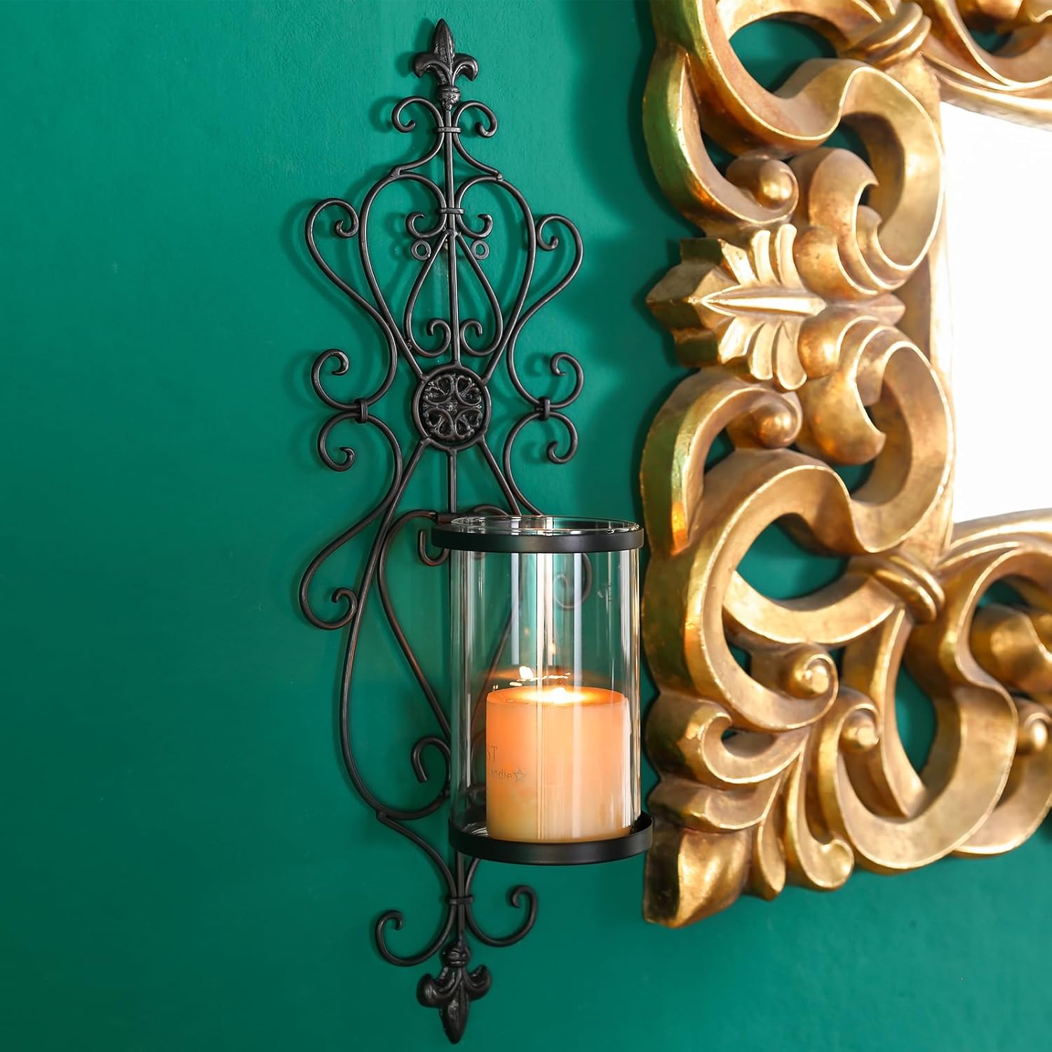 Set of 2 Antique Dark Brown Iron and Glass Wall Candle Sconces T29189