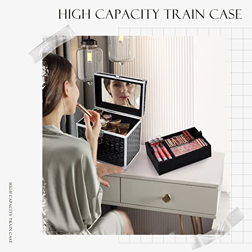 Black Portable Cosmetic Train Case with Divider Tray Mirror T997