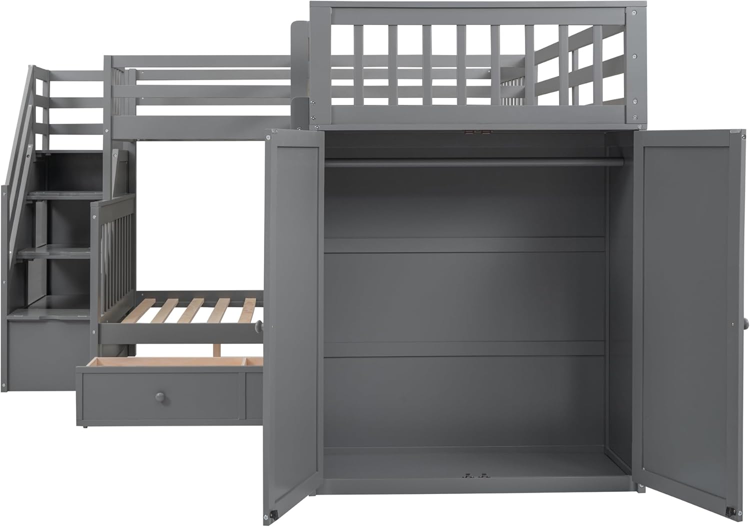 Gray Triple Bunk Bed with Stairs Storage and 3 Drawers H603942