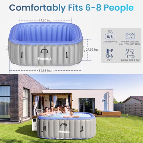 Inflatable Hot Tub 6-8 Person with 120 Bubble Jets, Durable PVC Material, 83" L x 83" W x 26" H Z581295