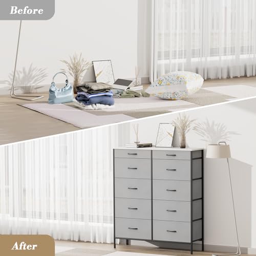10 Drawer Fabric Dresser with Metal Frame and Wooden Top M24523