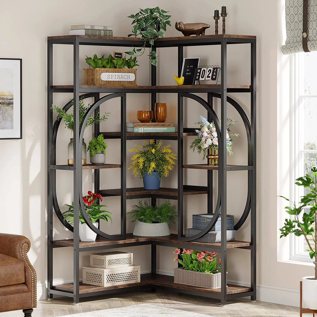 Rustic Brown & Black 7 Shelf Corner Bookshelf E2670