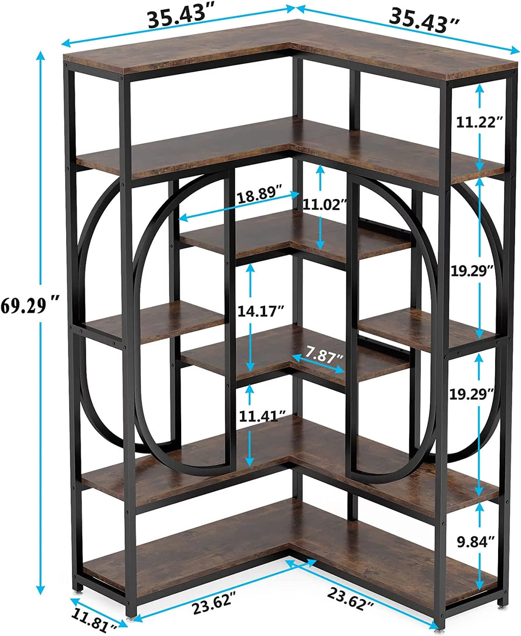 Rustic Brown & Black 7 Shelf Corner Bookshelf E2670
