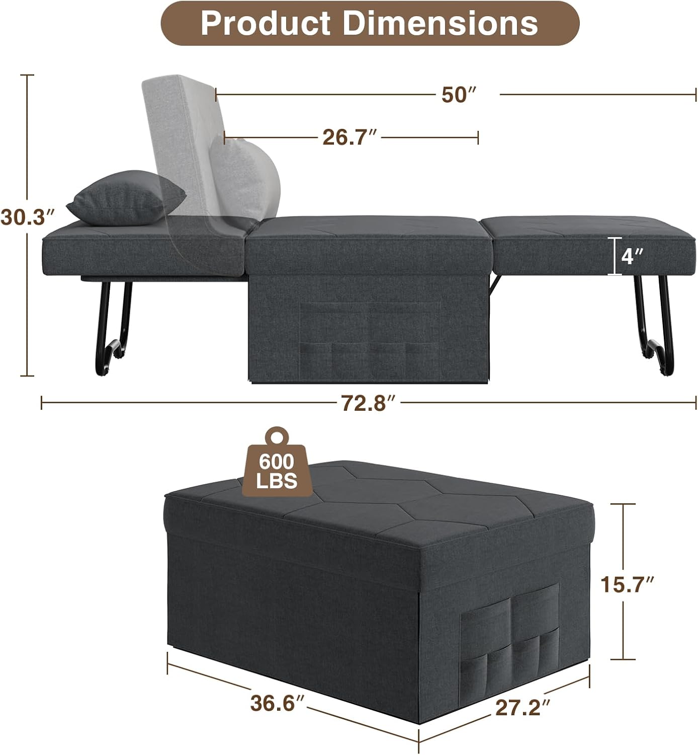 Dark Grey Convertible Sleeper Sofa with Ottoman Bed G586
