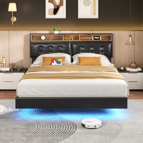 California King Floating Bed Frame with LED Lights, Headboard and Charging Station, Faux Leather Black V3651
