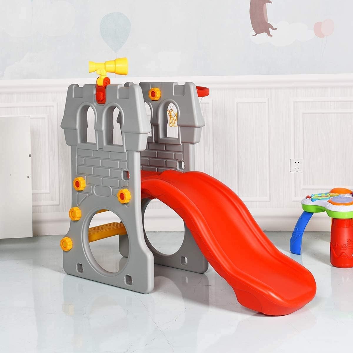 5 in 1 Toddler Slide with Basketball Hoop, Telescope, Crawl Through Space & Climbing Stairs I50449