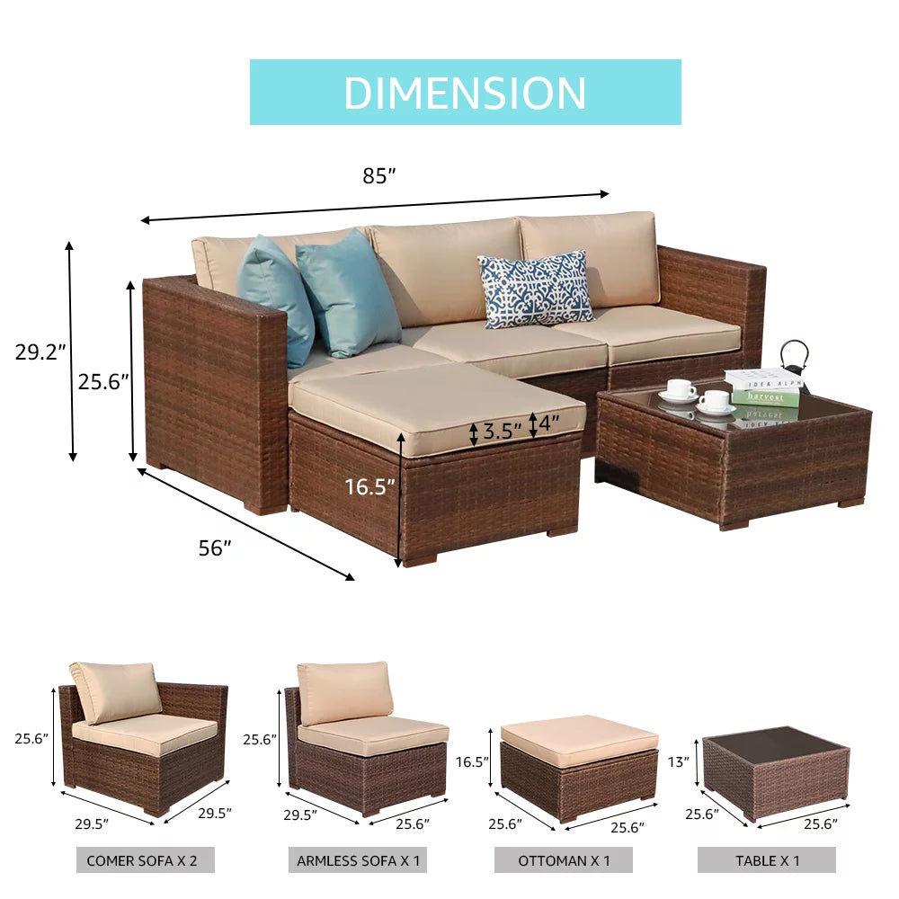 5-Piece Patio Furniture Set, Brown PE Wicker with Beige Cushions O9828