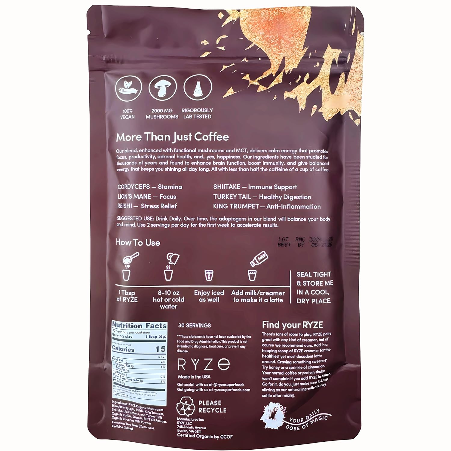 Organic Mushroom Coffee, Medium Roast, 6.35oz (180g), 30 Days Supply R7176