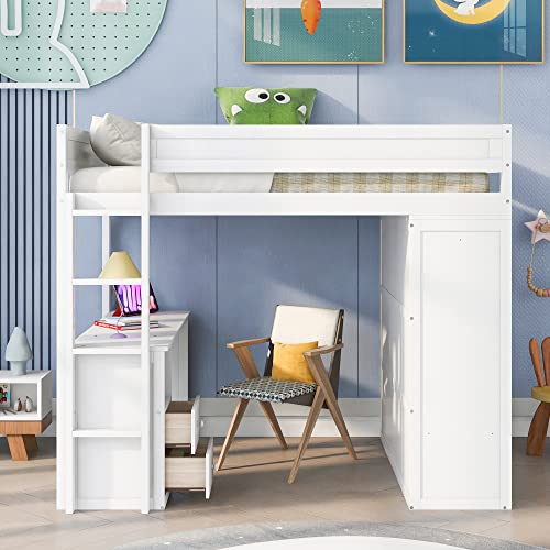 White Wooden Full Size Loft Bed with Storage Wardrobe, Desk, Drawers, Cabinet, and Ladder N275