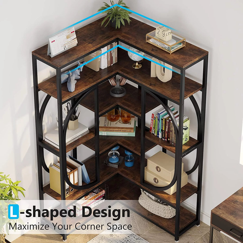 Rustic Brown & Black 7 Shelf Corner Bookshelf E2670