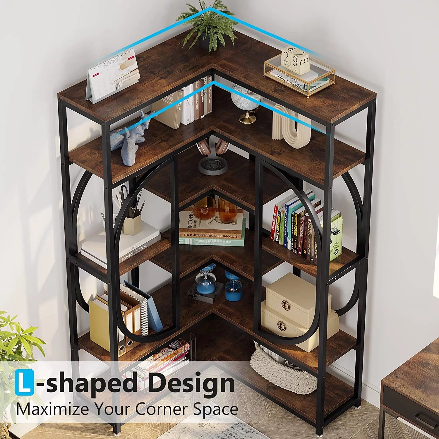 Rustic Brown & Black 7 Shelf Corner Bookshelf E2670