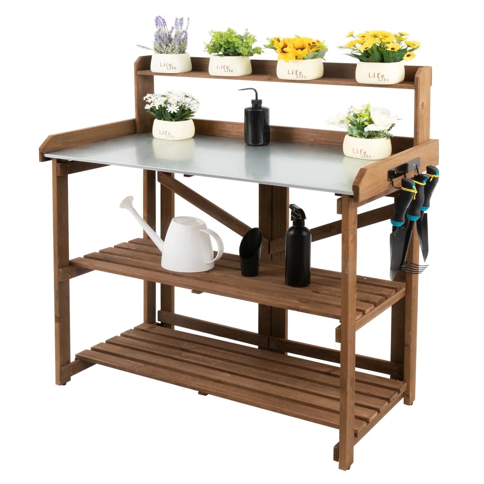 Folding Potting Bench Table with Galvanized Tabletop 2 Tier Storage Shelves X3242