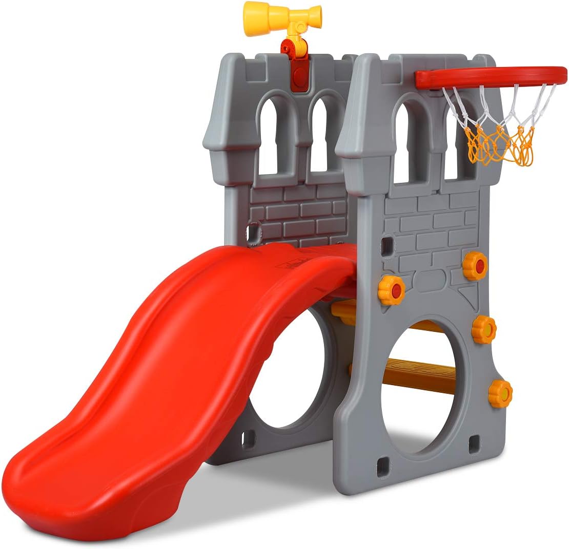 5 in 1 Toddler Slide with Basketball Hoop, Telescope, Crawl Through Space & Climbing Stairs I50449