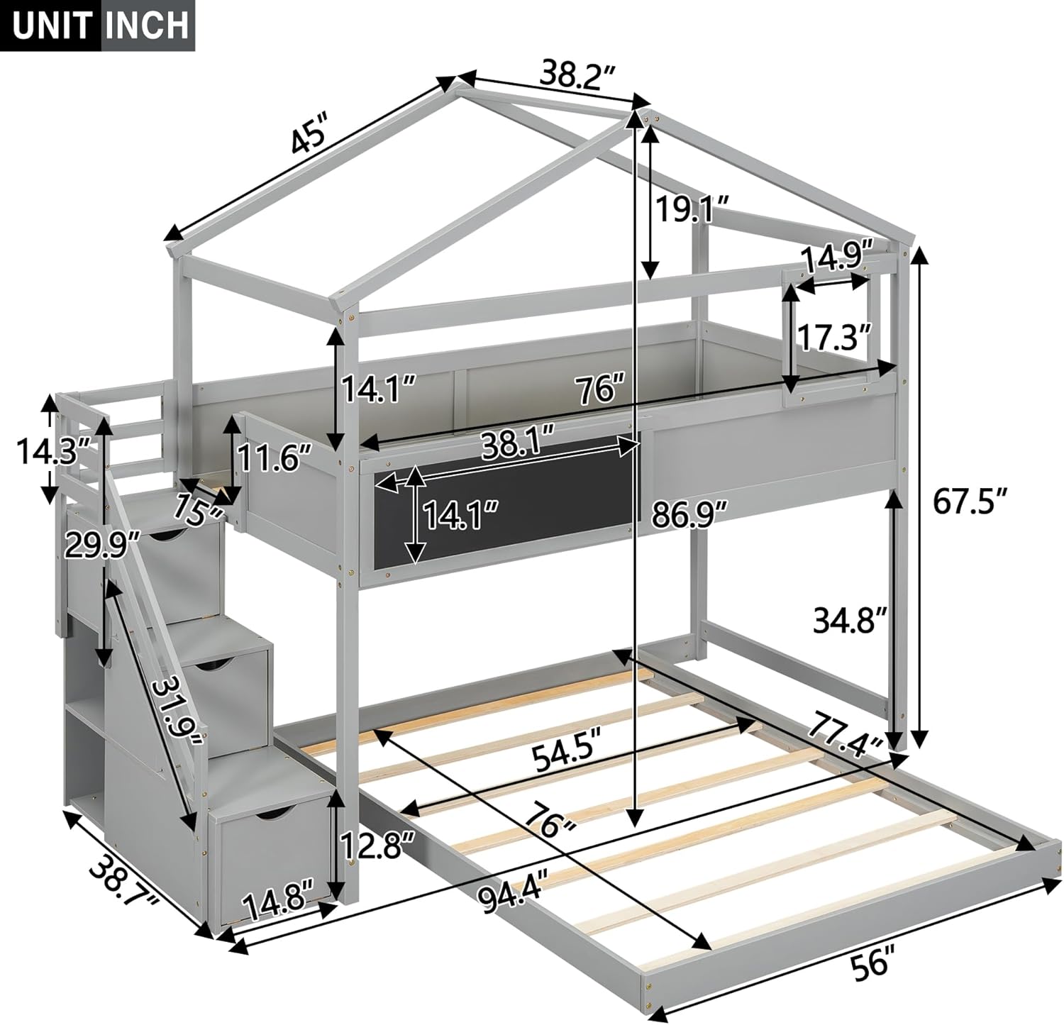 Gray Wood L-Shaped Twin Over Full Bunk Bed with Storage Stairs and Blackboard N15809