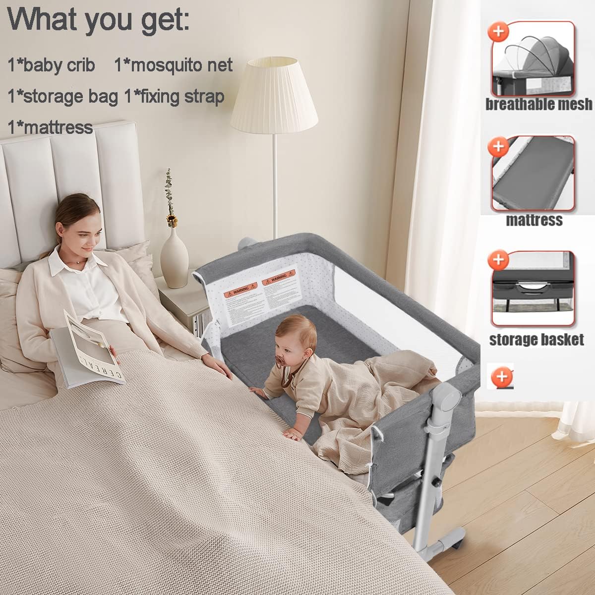 3 in 1 Travel Bedside Bassinet with Wheels, Height Adjustable, with Mosquito Nets G41335