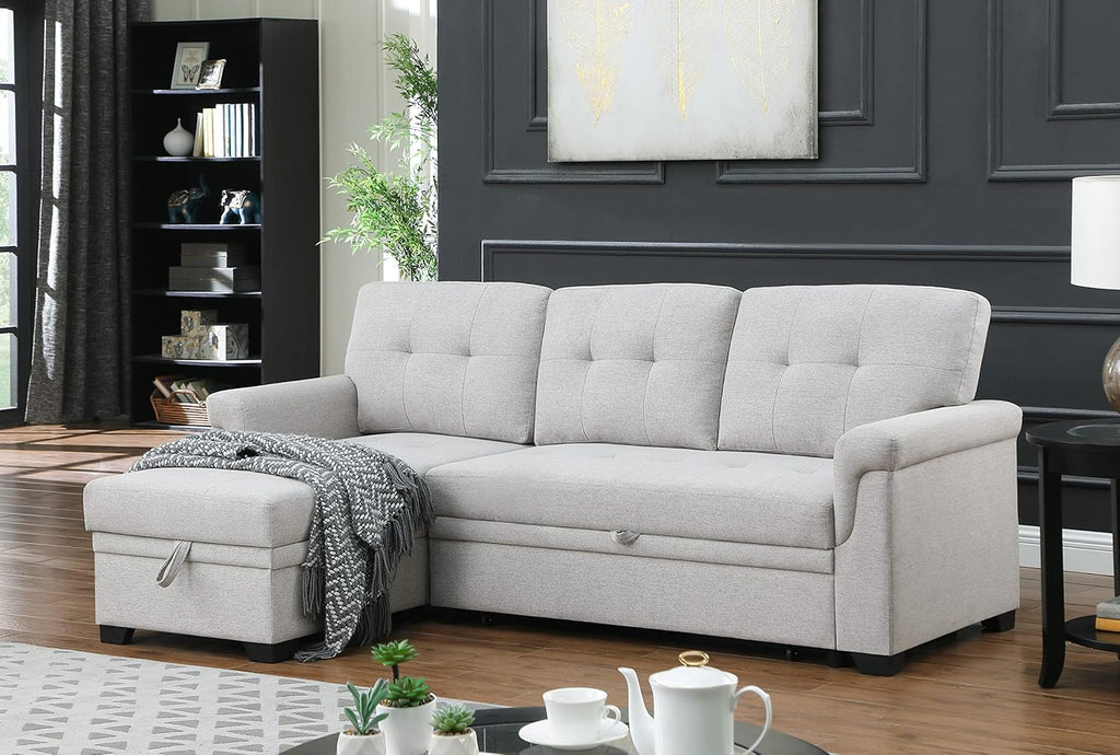 L-Shaped Linen Tufted Reversible Sleeper Sectional Sofa with Pull Out Sleep Couch Bed, Light Gray X8069