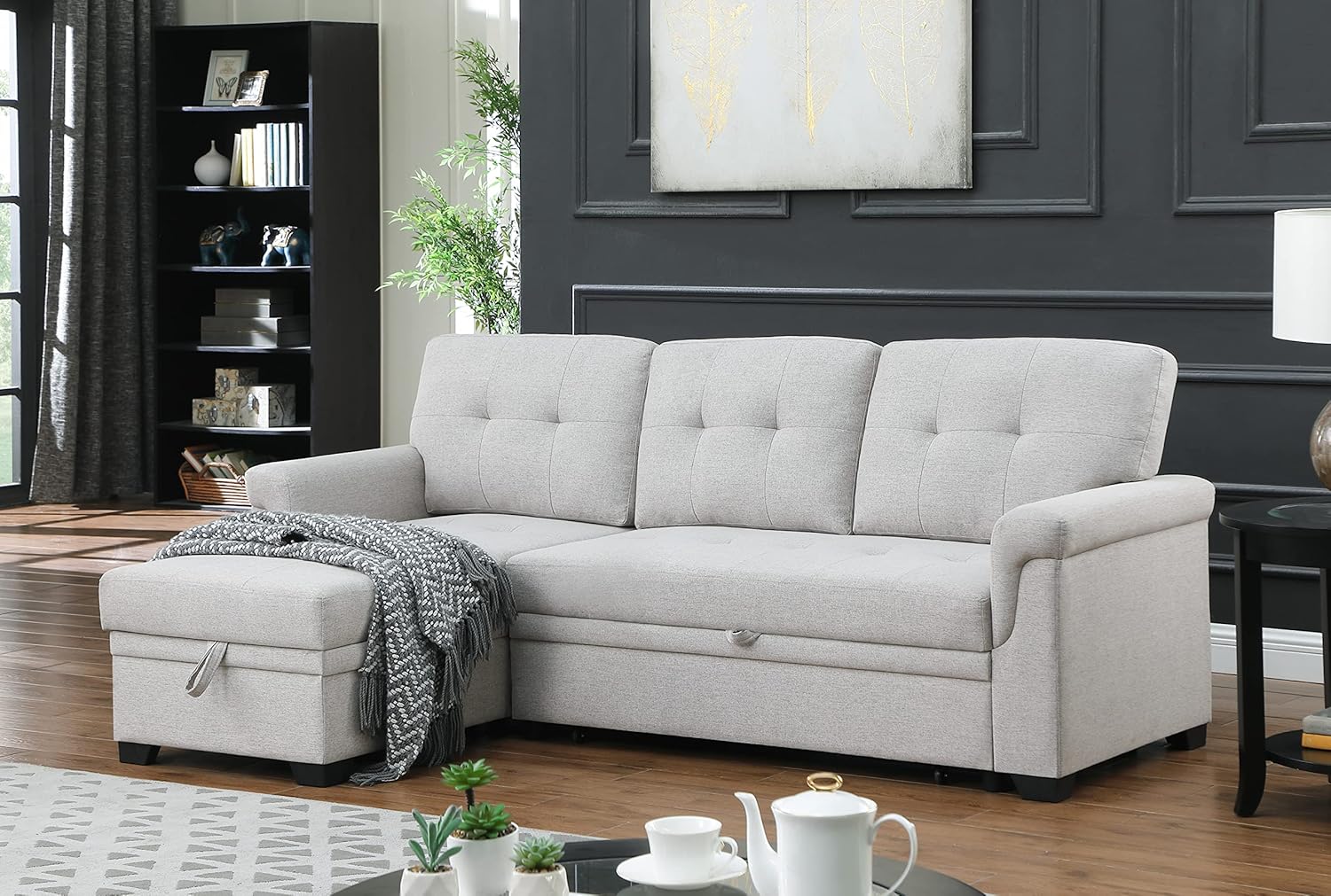 L-Shaped Linen Tufted Reversible Sleeper Sectional Sofa with Pull Out Sleep Couch Bed, Light Gray X8069