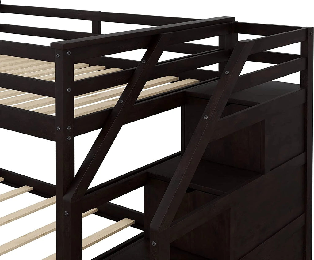 Espresso Wooden Over Bunk Bed with Trundle and 3 Storage Stairs F82653
