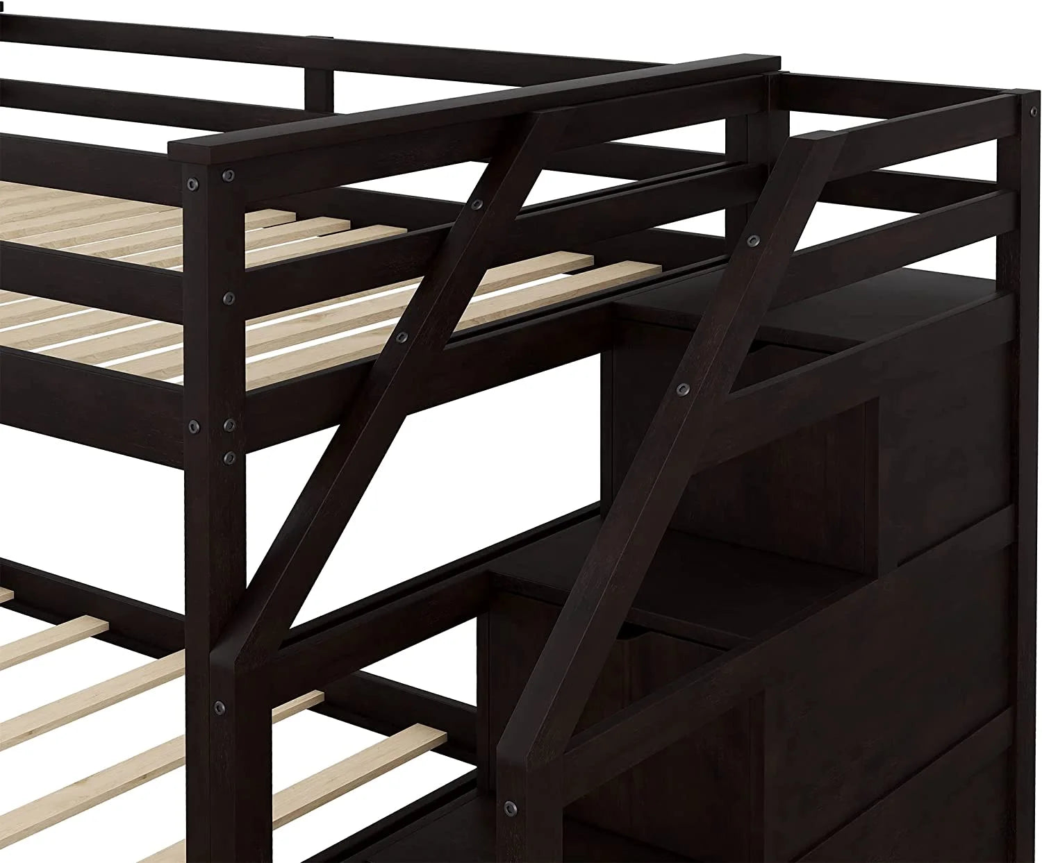Espresso Wooden Over Bunk Bed with Trundle and 3 Storage Stairs F82653