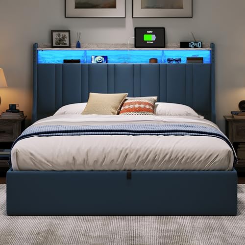 Dark Grey Queen Size Upholstered Storage Bed Frame with LED Lights S741263