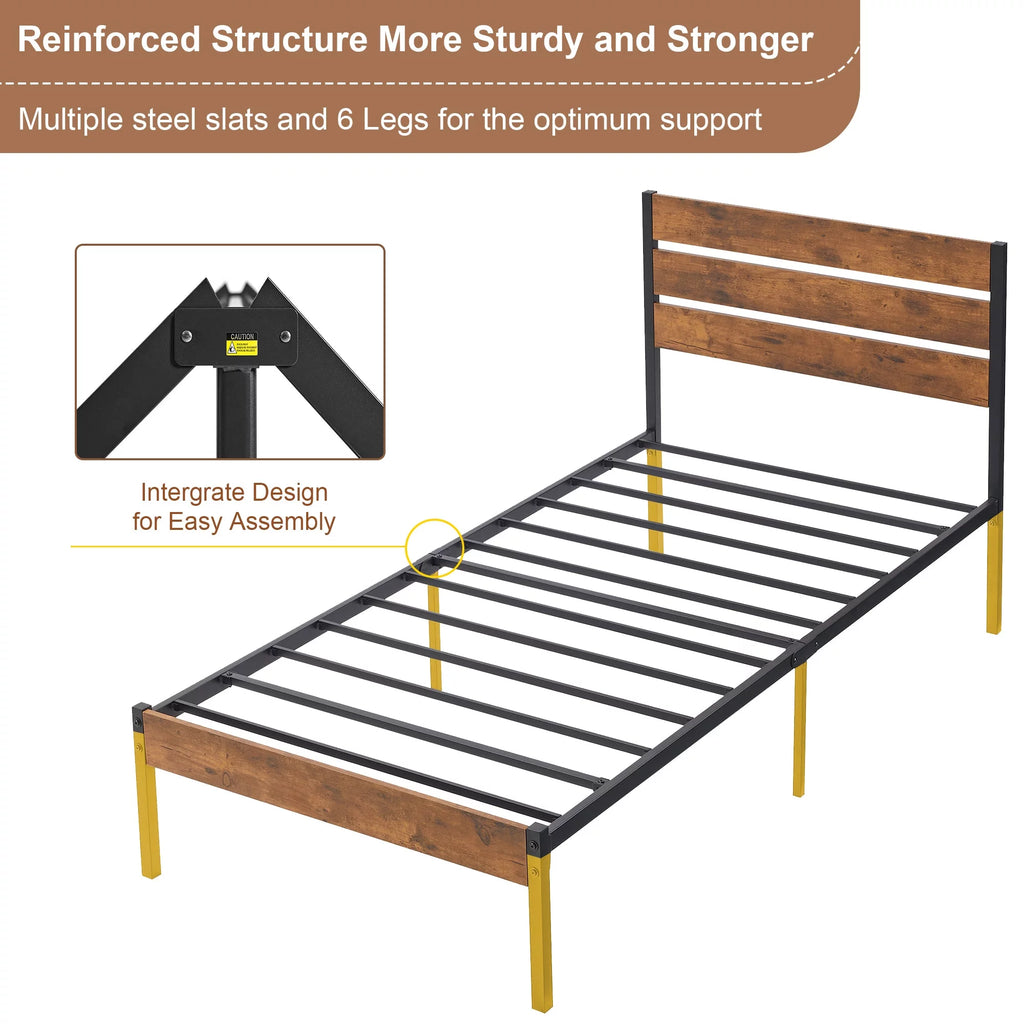 Brown Twin Bed Frame with Wooden Headboard and Metal Slats W915852