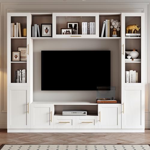 White 4-Piece Large TV Stand Wall Unit with Bookshelves Q834