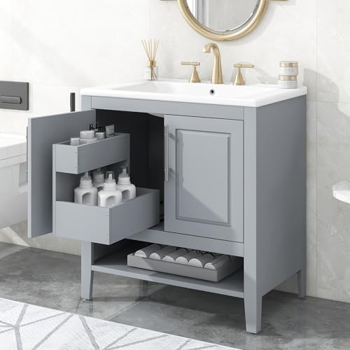 White Solid Wood Bathroom Vanity with Sink and 2 Soft Closing Doors and Drawer Y621802