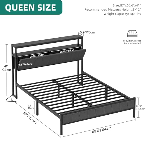 Gray Queen Upholstered Bed Frame with Storage Headboard N5466