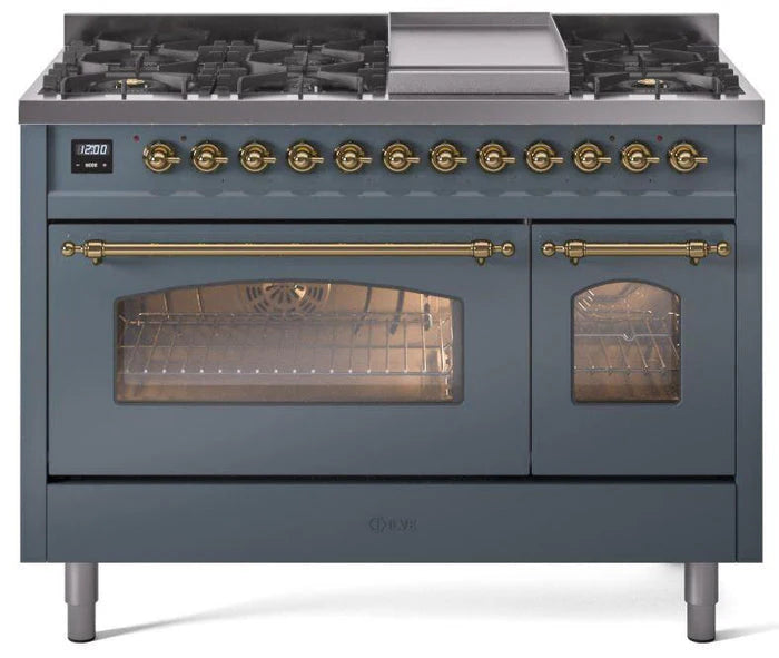 Blue Grey 48 Dual Fuel Propane Gas Range with Brass Trim M187