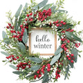 20’’ Red Berries Artificial Leaves Wreath with Hello Winter Sign J185788