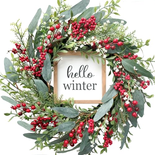 20’’ Red Berries Artificial Leaves Wreath with Hello Winter Sign J185788