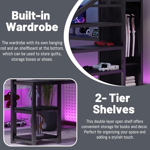 Queen Size Metal Loft Bed with L-Shaped Desk and Stairs, Black A878